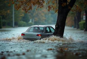 Rua alagada com carro submerso
